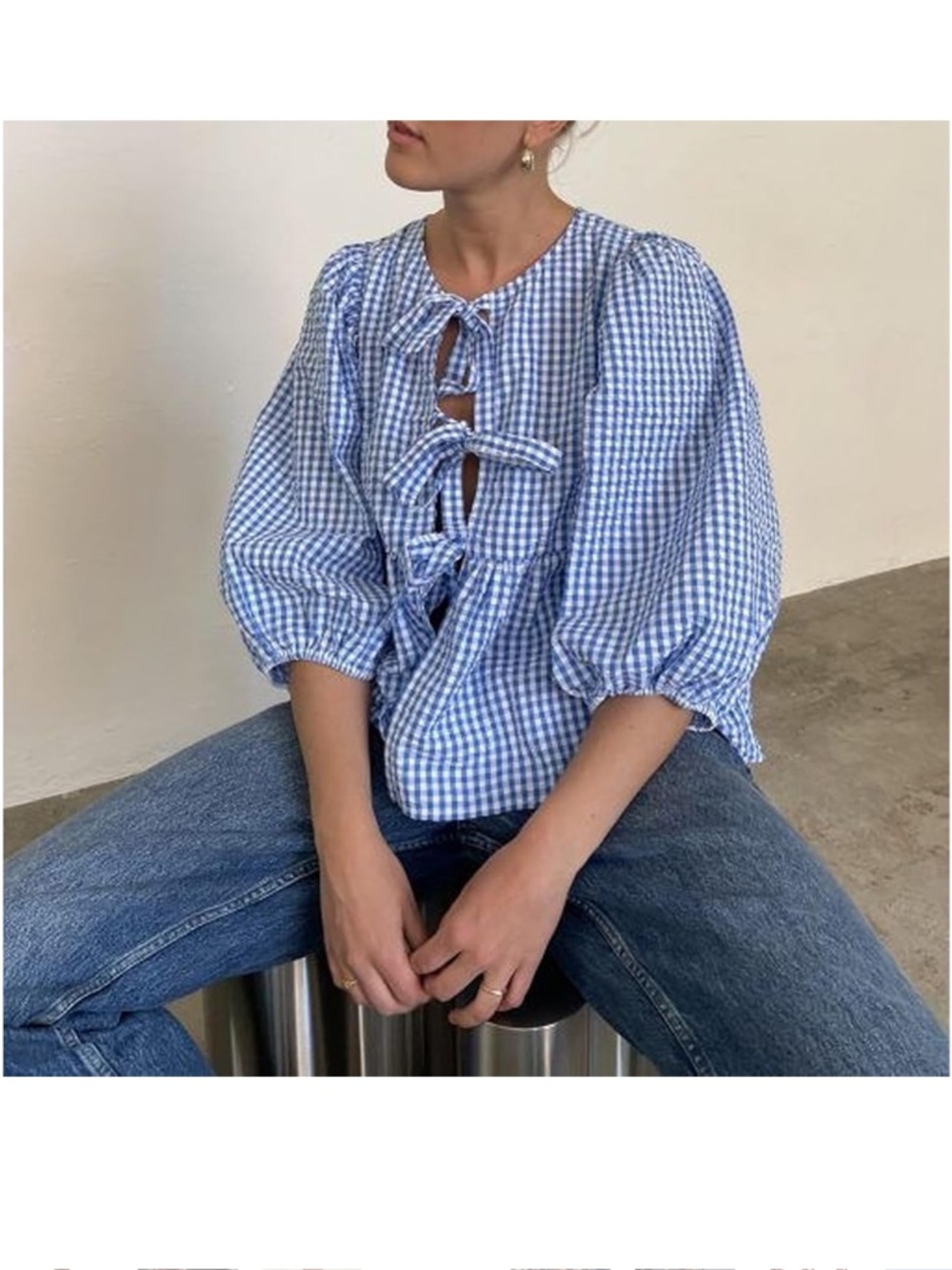 Peplum Front Tie Blouse in Blue Gingham